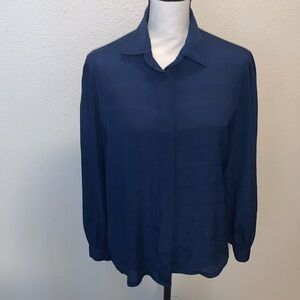 Panther Vintage Navy Blue Dotted Hidden Button Down Blouse